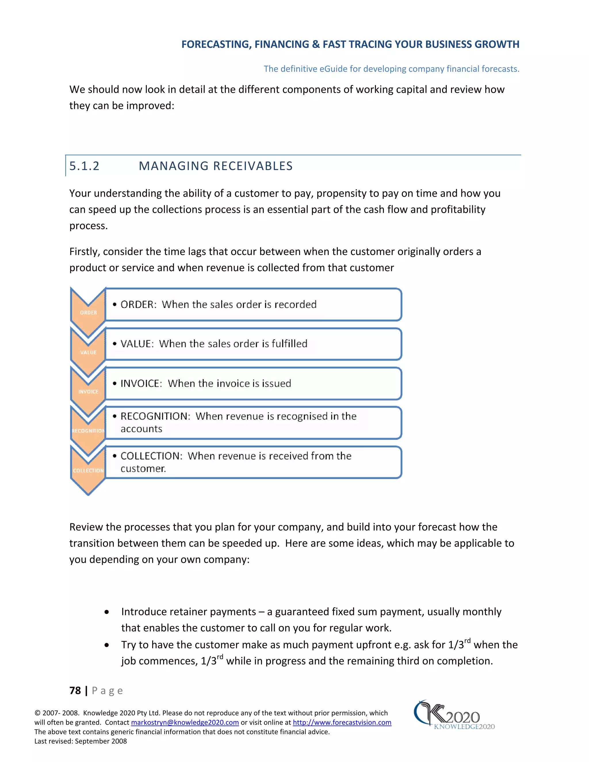 FORECASTING, FINANCING & FAST TRACING YOUR BUSINESS GROWTH

                                                                      The definitive eGuide for developing company financial forecasts.

          We should now look in detail at the different components of working capital and review how
          they can be improved:




          5.1.2                MANAGING RECEIVABLES
          Your understanding the ability of a customer to pay, propensity to pay on time and how you
          can speed up the collections process is an essential part of the cash flow and profitability
          process.

          Firstly, consider the time lags that occur between when the customer originally orders a
          product or service and when revenue is collected from that customer




          Review the processes that you plan for your company, and build into your forecast how the
          transition between them can be speeded up. Here are some ideas, which may be applicable to
          you depending on your own company:



                     •    Introduce retainer payments – a guaranteed fixed sum payment, usually monthly
                          that enables the customer to call on you for regular work.
                     •    Try to have the customer make as much payment upfront e.g. ask for 1/3rd when the
                          job commences, 1/3rd while in progress and the remaining third on completion.

          78 | P a g e
© 2007‐ 2008. Knowledge 2020 Pty Ltd. Please do not reproduce any of the text without prior permission, which
will often be granted. Contact markostryn@knowledge2020.com or visit online at http://www.forecastvision.com
The above text contains generic financial information that does not constitute financial advice.
Last revised: September 2008
 