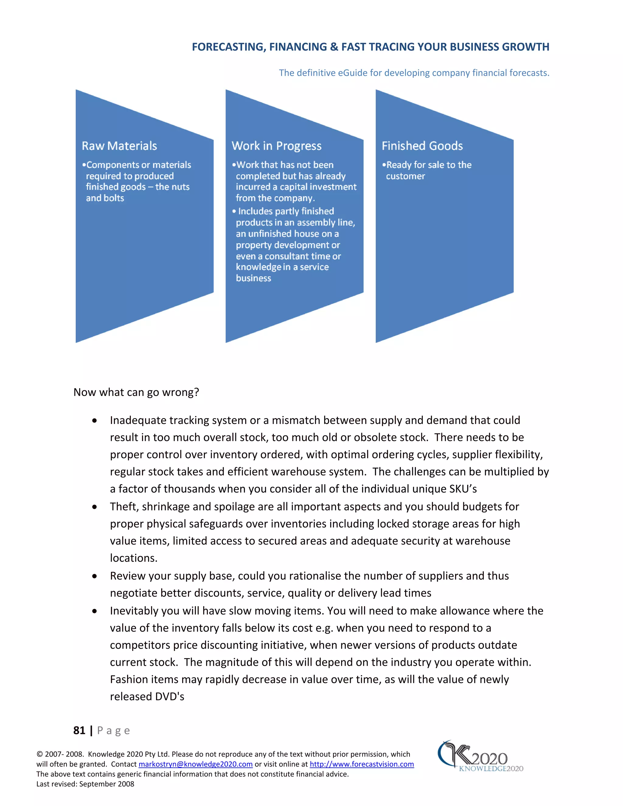 FORECASTING, FINANCING & FAST TRACING YOUR BUSINESS GROWTH

                                                                      The definitive eGuide for developing company financial forecasts.




          Now what can go wrong?

               •     Inadequate tracking system or a mismatch between supply and demand that could
                     result in too much overall stock, too much old or obsolete stock. There needs to be
                     proper control over inventory ordered, with optimal ordering cycles, supplier flexibility,
                     regular stock takes and efficient warehouse system. The challenges can be multiplied by
                     a factor of thousands when you consider all of the individual unique SKU’s
               •     Theft, shrinkage and spoilage are all important aspects and you should budgets for
                     proper physical safeguards over inventories including locked storage areas for high
                     value items, limited access to secured areas and adequate security at warehouse
                     locations.
               •     Review your supply base, could you rationalise the number of suppliers and thus
                     negotiate better discounts, service, quality or delivery lead times
               •     Inevitably you will have slow moving items. You will need to make allowance where the
                     value of the inventory falls below its cost e.g. when you need to respond to a
                     competitors price discounting initiative, when newer versions of products outdate
                     current stock. The magnitude of this will depend on the industry you operate within.
                     Fashion items may rapidly decrease in value over time, as will the value of newly
                     released DVD's

          81 | P a g e
© 2007‐ 2008. Knowledge 2020 Pty Ltd. Please do not reproduce any of the text without prior permission, which
will often be granted. Contact markostryn@knowledge2020.com or visit online at http://www.forecastvision.com
The above text contains generic financial information that does not constitute financial advice.
Last revised: September 2008
 