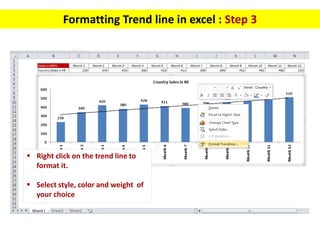 Formatting Trend line in excel : Step 3
 Right click on the trend line to
format it.
 Select style, color and weight of
...