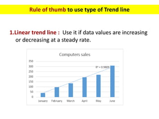 Rule of thumb to use type of Trend line
1.Linear trend line : Use it if data values are increasing
or decreasing at a stea...