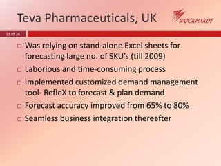11 of 26
Teva Pharmaceuticals, UK
 Was relying on stand-alone Excel sheets for
forecasting large no. of SKU’s (till 2009)
 Laborious and time-consuming process
 Implemented customized demand management
tool- RefleX to forecast & plan demand
 Forecast accuracy improved from 65% to 80%
 Seamless business integration thereafter
 