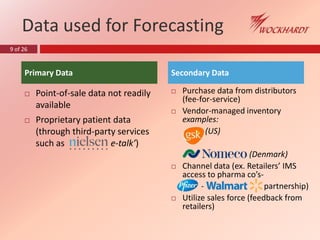 9 of 26
Data used for Forecasting
Primary Data
 Point-of-sale data not readily
available
 Proprietary patient data
(through third-party services
such as e-talk’)
Secondary Data
 Purchase data from distributors
(fee-for-service)
 Vendor-managed inventory
examples:
(US)
(Denmark)
 Channel data (ex. Retailers’ IMS
access to pharma co’s-
- partnership)
 Utilize sales force (feedback from
retailers)
 