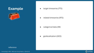 Forecasting in AWS - AWS User Group Padova - 2024-02-01
Example ● target timeseries (TTS)
● related timeseries (RTS)
● categorical data (IM)
● geolocalization (GEO)
reference
 