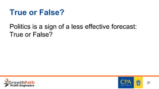 True or False?
Politics is a sign of a less effective forecast:
True or False?
21
 
