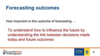 Forecasting outcomes
How important is this outcome of forecasting …
To understand how to influence the future by
understanding the link between decisions made
today and future outcomes
28
 