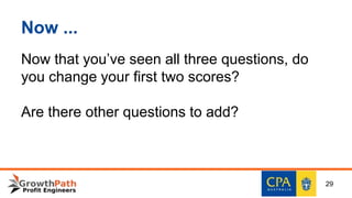 Now ...
Now that you’ve seen all three questions, do
you change your first two scores?
Are there other questions to add?
29
 