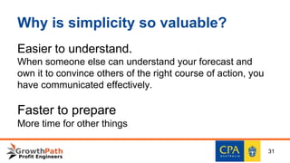 Why is simplicity so valuable?
Easier to understand.
When someone else can understand your forecast and
own it to convince others of the right course of action, you
have communicated effectively.
Faster to prepare
More time for other things
31
 