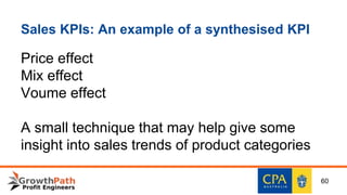 Sales KPIs: An example of a synthesised KPI
Price effect
Mix effect
Voume effect
A small technique that may help give some
insight into sales trends of product categories
60
 
