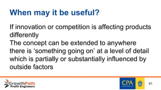 When may it be useful?
If innovation or competition is affecting products
differently
The concept can be extended to anywhere
there is ‘something going on’ at a level of detail
which is partially or substantially influenced by
outside factors
61
 