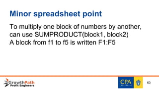 Minor spreadsheet point
To multiply one block of numbers by another,
can use SUMPRODUCT(block1, block2)
A block from f1 to f5 is written F1:F5
63
 