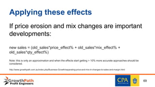 If price erosion and mix changes are important
developments:
new sales = (old_sales*price_effect% + old_sales*mix_effect% +
old_sales*qty_effect%)
Note: this is only an approximation and when the effects start getting > 10% more accurate approaches should be
considered.
http://www.growthpath.com.au/index.php/Business-Growth/separating-price-and-mix-in-changes-to-sales-and-margin.html
Applying these effects
69
 