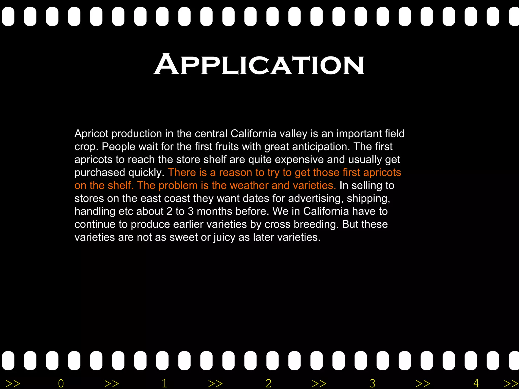 Application Apricot production in the central California valley is an important field crop. People wait for the first fruits with great anticipation. The first apricots to reach the store shelf are quite expensive and usually get purchased quickly.  There is a reason to try to get those first apricots on the shelf. The problem is the weather and varieties.  In selling to stores on the east coast they want dates for advertising, shipping, handling etc about 2 to 3 months before. We in California have to continue to produce earlier varieties by cross breeding. But these varieties are not as sweet or juicy as later varieties. 