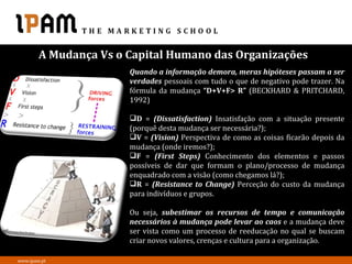A Mudança Vs o Capital Humano das Organizações
                       Quando a informação demora, meras hipóteses passam a ser
                       verdades pessoais com tudo o que de negativo pode trazer. Na
                       fórmula da mudança “D+V+F> R” (BECKHARD & PRITCHARD,
                       1992)

                       D = (Dissatisfaction) Insatisfação com a situação presente
                       (porquê desta mudança ser necessária?);
                       V = (Vision) Perspectiva de como as coisas ficarão depois da
                       mudança (onde iremos?);
                       F = (First Steps) Conhecimento dos elementos e passos
                       possíveis de dar que formam o plano/processo de mudança
                       enquadrado com a visão (como chegamos lá?);
                       R = (Resistance to Change) Perceção do custo da mudança
                       para indivíduos e grupos.

                       Ou seja, subestimar os recursos de tempo e comunicação
                       necessários à mudança pode levar ao caos e a mudança deve
                       ser vista como um processo de reeducação no qual se buscam
                       criar novos valores, crenças e cultura para a organização.

www.ipam.pt
 