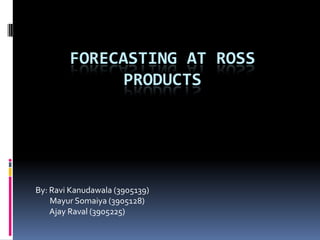 FORECASTING AT ROSS
PRODUCTS

By: Ravi Kanudawala (3905139)
Mayur Somaiya (3905128)
Ajay Raval (3905225)

 
