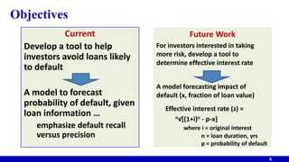 Objectives
Current
Develop a tool to help
investors avoid loans likely
to default
A model to forecast
probability of default, given
loan information …
emphasize default recall
versus precision
4
Future Work
For investors interested in taking
more risk, develop a tool to
determine effective interest rate
A model forecasting impact of
default (x, fraction of loan value)
Effective interest rate (z) =
n√[(1+i)n - p*x]
where i = original interest
n = loan duration, yrs
p = probability of default
 