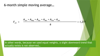 6-month simple moving average…
In other words, because we used equal weights, a slight downward trend that
actually exists is not observed…
FJul =
AJun + AMay + AApr + AMar + AFeb + AJan
6
= 1,277
 