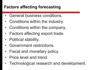 Factors affecting forecasting
• General business conditions.
• Conditions within the industry.
• Conditions within the company.
• Factors affecting export trade.
• Political stability.
• Government restrictions.
• Fiscal and monetary policy.
• Price level and trend.
• Technological research and development.
 