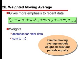 Gives more emphasis to recent data
Weights
decrease for older data
sum to 1.0
2b. Weighted Moving Average
1
n
-
t
n
2
-
t
3
1
-
t
2
t
1
1
t A
w
+
...
+
A
w
+
A
w
+
A
w
=
F 

Simple moving
average models
weight all previous
periods equally
 