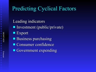 Predicting Cyclical Factors Leading indicators  Investment (public/private) Export Business purchasing Consumer confidence Government expending 