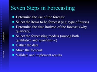 Seven Steps in Forecasting Determine the use of the forecast Select the items to be forecast (e.g. type of nurse) Determine the time horizon of the forecast (why quarterly) Select the forecasting models (among both qualitative and quantitative) Gather the data Make the forecast Validate and implement results 