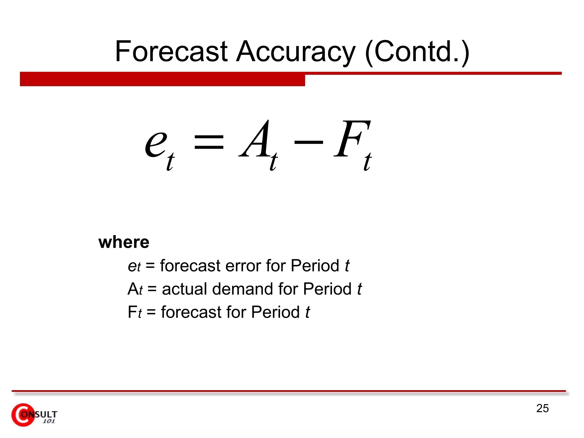 Forecast Accuracy (Contd.) where e t  = forecast error for Period  t A t  = actual demand for Period  t F t  = forecast for Period  t 