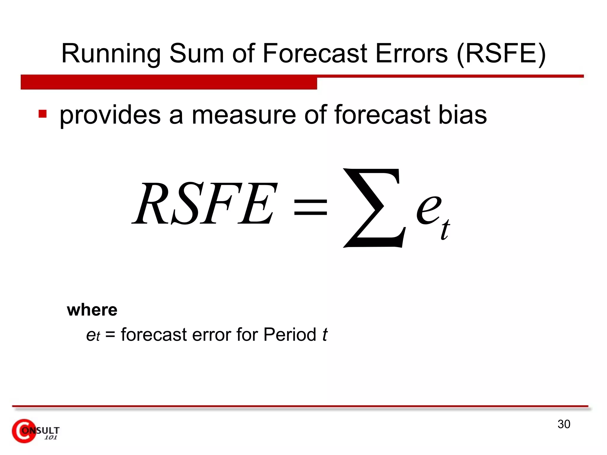 Running Sum of Forecast Errors (RSFE) provides a measure of forecast bias where e t  = forecast error for Period  t 