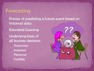  Process of predicting a future event based on

historical data
 Educated Guessing
 Underlying basis of

all business decisions
 Production
 Inventory
 Personnel
 Facilities

??

 