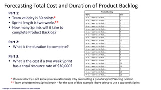 Part 1: 
Team velocity is 30 points* 
Sprint length is two weeks** 
How many Sprints will it take to complete Product Backlog? 
Part 2: 
What is the duration to complete? 
Part 3: 
What is the cost if a two week Sprint has a total resource rate of $30,000? 
Product Backlog 
Story 
Size 
As a … I want to…So that….. 
3 
As a … I want to…So that….. 
8 
As a … I want to…So that….. 
2 
As a … I want to…So that….. 
5 
As a … I want to…So that….. 
8 
As a … I want to…So that….. 
5 
As a … I want to…So that….. 
2 
As a … I want to…So that….. 
2 
As a … I want to…So that….. 
12 
As a … I want to…So that….. 
3 
As a … I want to…So that….. 
3 
As a … I want to…So that….. 
2 
As a … I want to…So that….. 
8 
As a … I want to…So that….. 
8 
As a … I want to…So that….. 
5 
As a … I want to…So that….. 
8 
As a … I want to…So that….. 
20 
As a … I want to…So that….. 
20 
As a … I want to…So that….. 
5 
As a … I want to…So that….. 
20 
As a … I want to…So that….. 
20 
Forecasting Total Cost and Duration of Product Backlog 
* If team velocity is not know you can extrapolate it by conducting a pseudo Sprint Planning session 
**Team predetermines Sprint length –for the sake of this example I have select to use a two week Sprint 
Copyright © 2014 Russell Pannone. All rights reserved.  