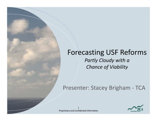 Forecasting USF Reforms 
        Forecasting USF Reforms
                          Partly Cloudy with a 
                           Chance of Viability
                           Chance of Viability


    Presenter: Stacey Brigham ‐ TCA

                   1
Proprietary and Confidential Information
 