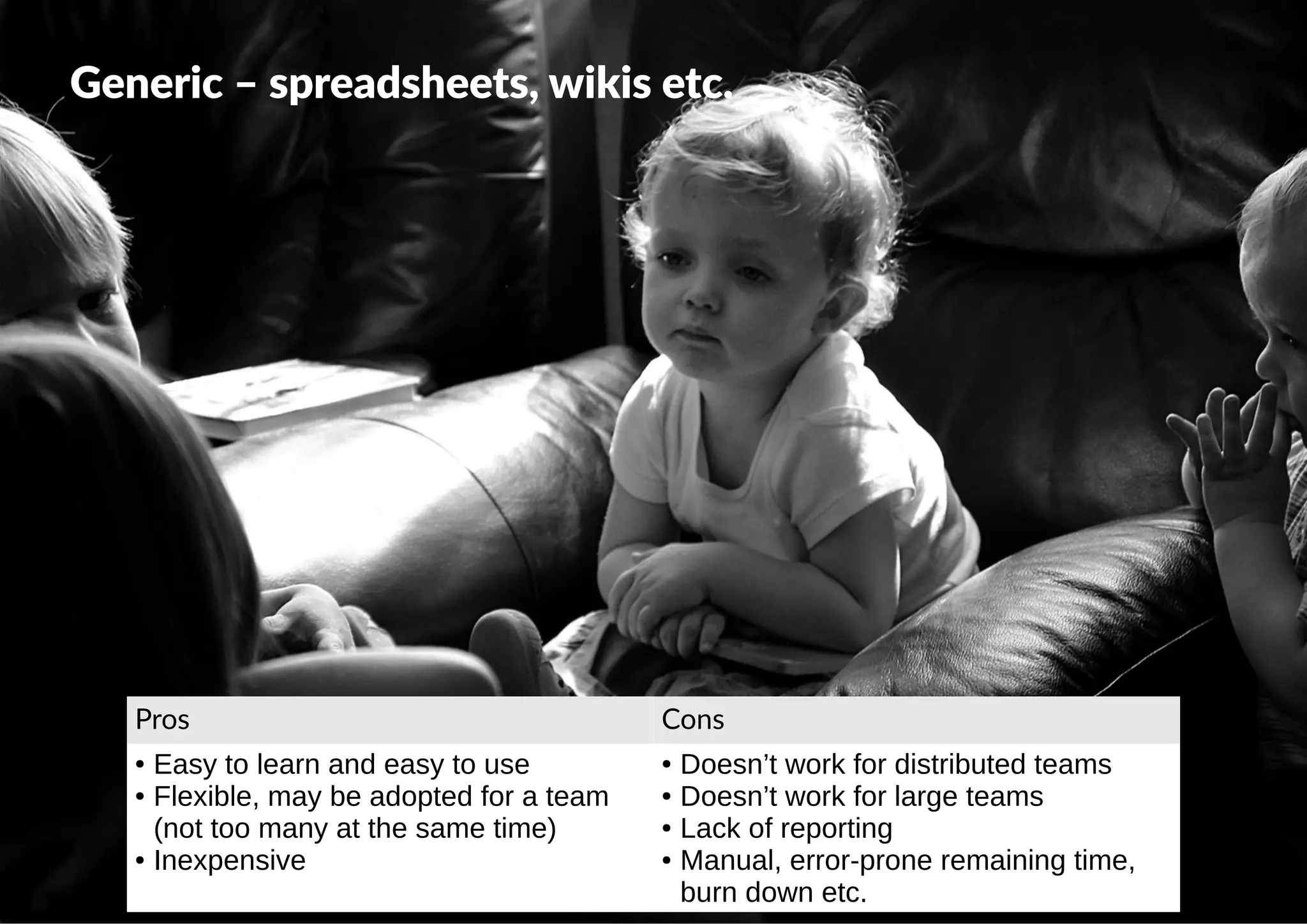  @dkeisari
Generic – spreadsheets, wikis etc.
Pros Cons
● Easy to learn and easy to use
● Flexible, may be adopted for a team
(not too many at the same time)
● Inexpensive
● Doesn’t work for distributed teams
● Doesn’t work for large teams
● Lack of reporting
● Manual, error-prone remaining time,
burn down etc.
 