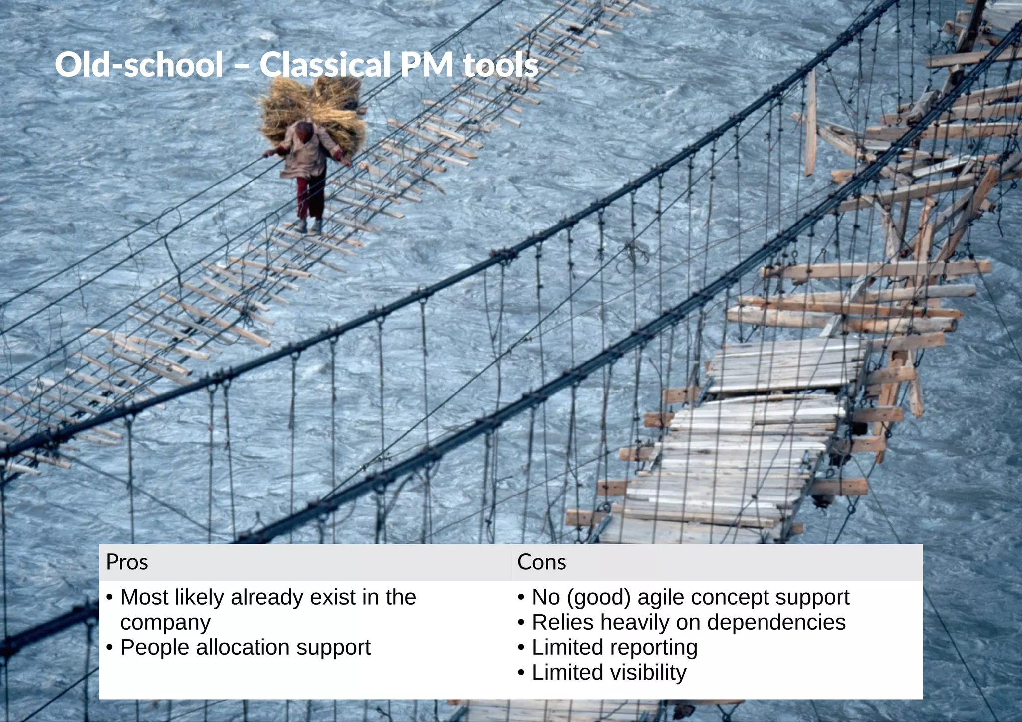  @dkeisari
Old-school – Classical PM tools
Pros Cons
● Most likely already exist in the
company
● People allocation support
● No (good) agile concept support
● Relies heavily on dependencies
● Limited reporting
● Limited visibility
 