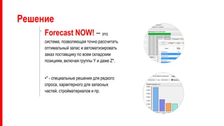 Решение
Forecast NOW! – это
система, позволяющая точно рассчитать
оптимальный запас и автоматизировать
заказ поставщику по всем складским
позициям, включая группы Y и даже Z*.
•* - специальные решения для редкого
спроса, характерного для запасных
частей, стройматериалов и пр.
 