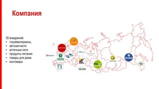 Компания
35 внедрений:
• стройматериалы,
• автозапчасти
• аптечные сети
• продукты питания
• товары для дома
• хозтовары
 