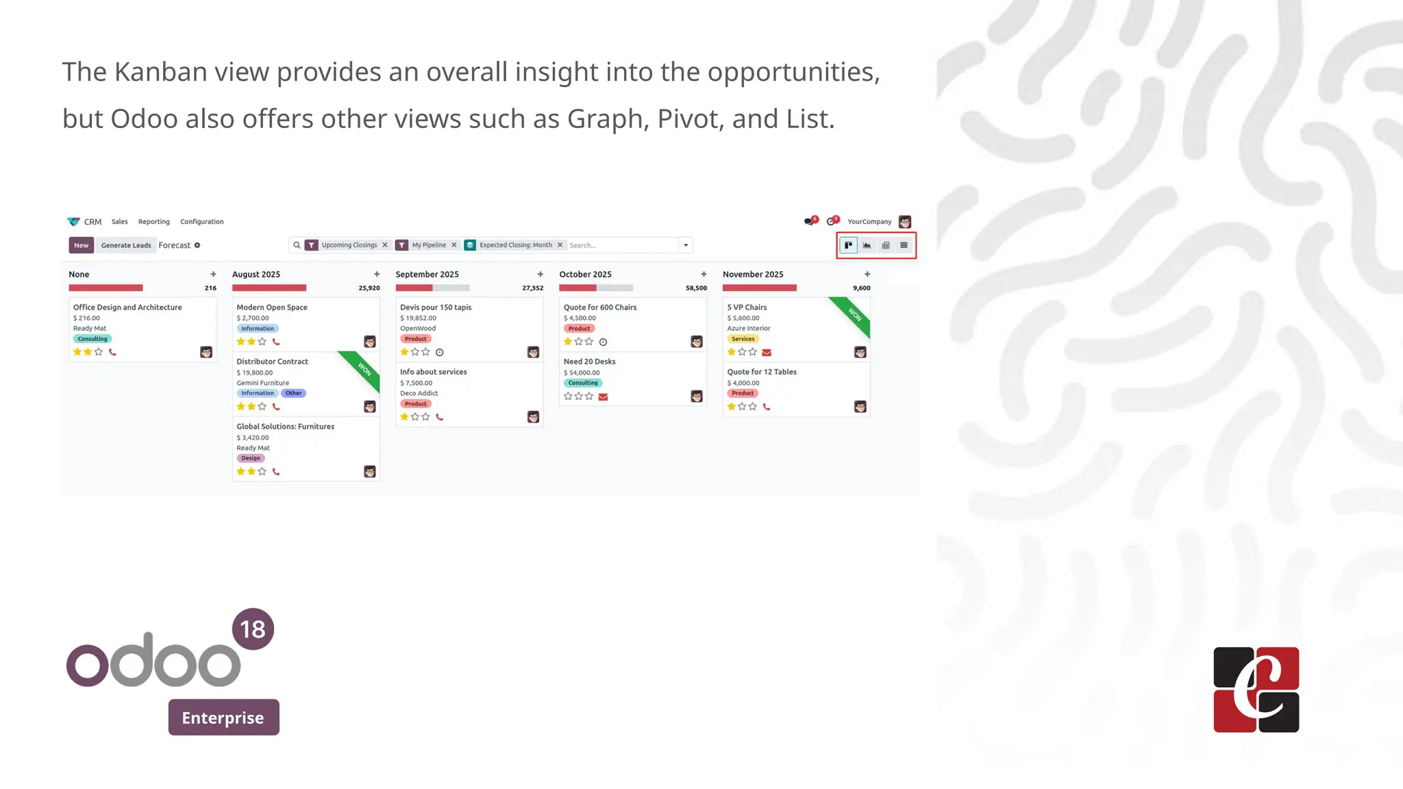 Enterprise
The Kanban view provides an overall insight into the opportunities,
but Odoo also offers other views such as Graph, Pivot, and List.
 