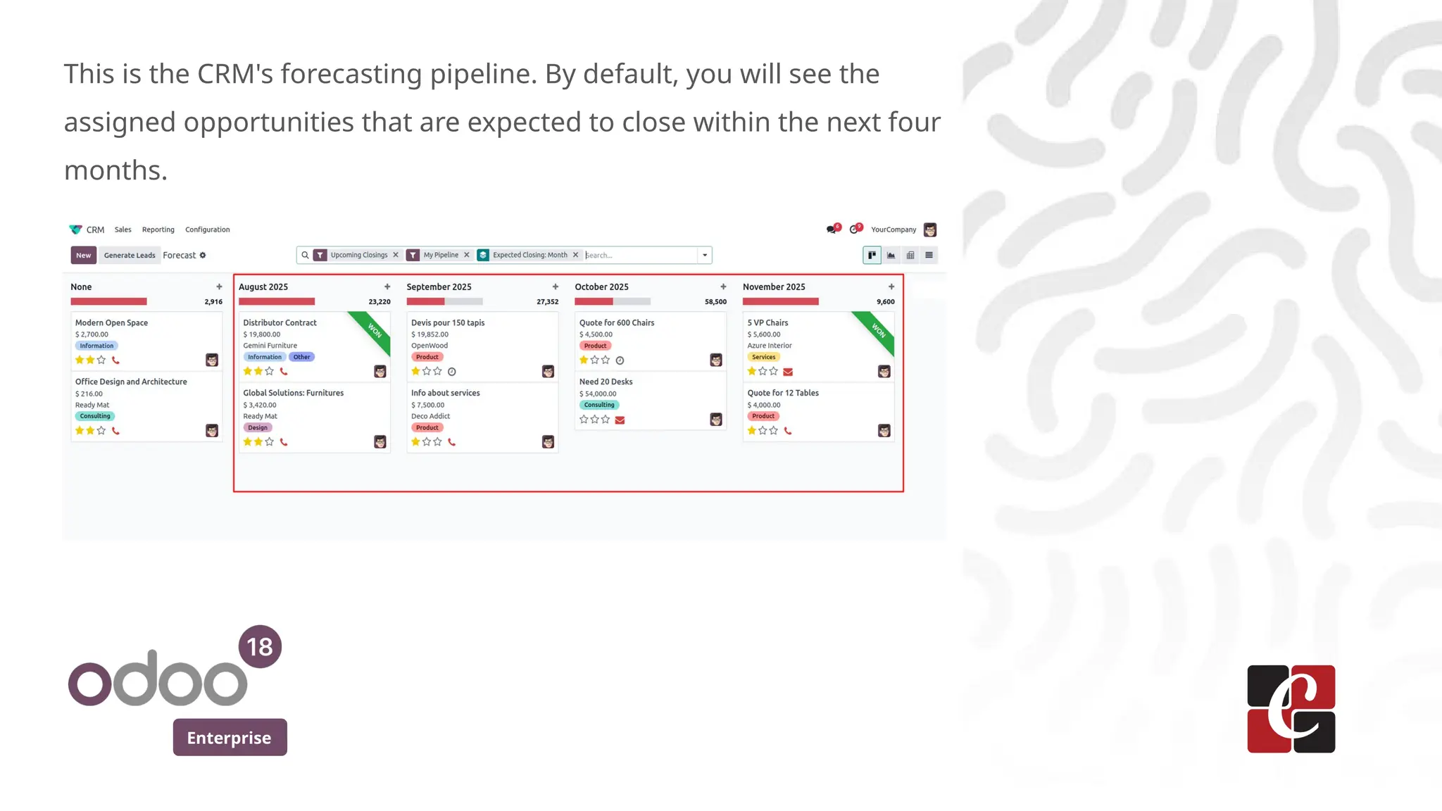 Enterprise
This is the CRM's forecasting pipeline. By default, you will see the
assigned opportunities that are expected to close within the next four
months.
 