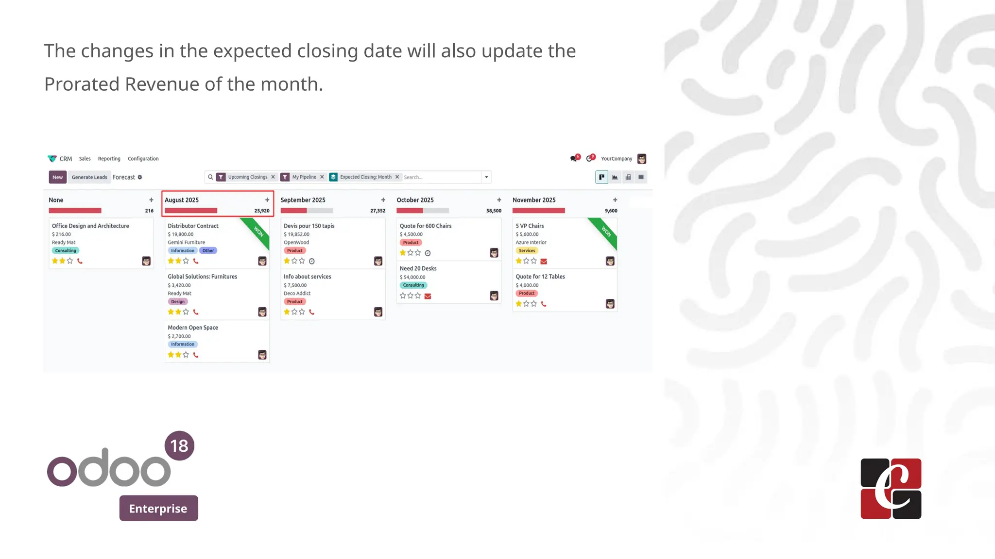 Enterprise
The changes in the expected closing date will also update the
Prorated Revenue of the month.
 