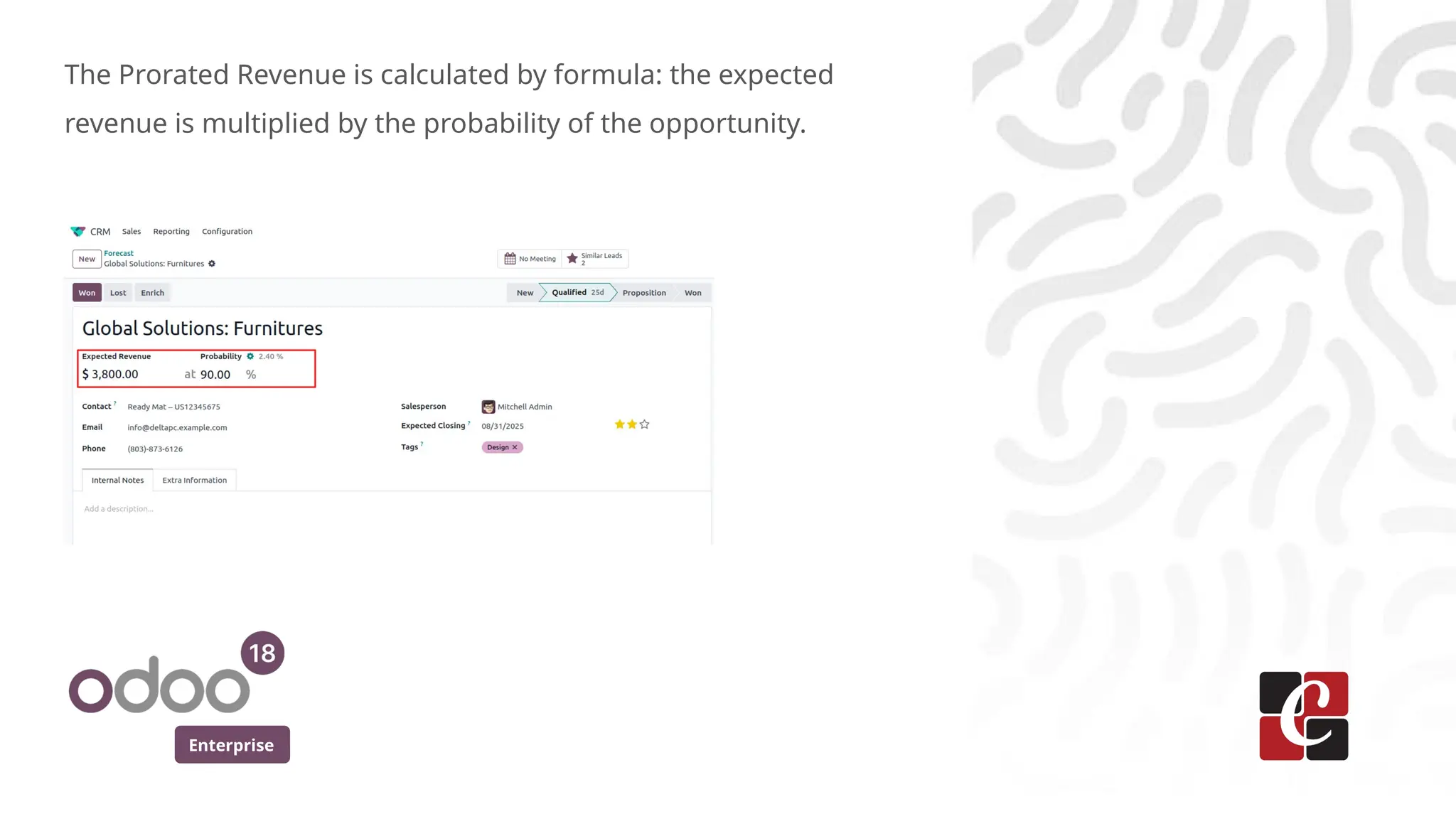 Enterprise
The Prorated Revenue is calculated by formula: the expected
revenue is multiplied by the probability of the opportunity.
 