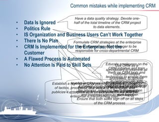 Common mistakes while implementing CRM Data Is Ignored   Politics Rule   IS Organization and Business Users Can’t Work Together   There Is No Plan CRM Is Implemented for the Enterprise, Not the Customer   A Flawed Process Is Automated   No Attention Is Paid to Skill Sets Have a data quality strategy. Devote one-half of the total timeline of the CRM project to data elements.   Formulate CRM strategies at the enterprise level. Appoint a senior manager to be responsible for cross-departmental CRM   Establish cross-discipline teams early in the process, requiring the IS organization and business users to work together. Ensure that both sides sign off on all steps of the CRM process   Establish a high-level CRM plan that addresses issues of tactics, processes, skill sets and technology, and publicize it enterprise wide so everyone knows how the enterprise is transforming itself   Involve employees and customers throughout the CRM process to ensure that their interests are represented in the project   Use CRM as a springboard to examine all customer-related processes, to remove those that are not needed, and to rework those that are impacted by technology   Educate employees on the CRM initiative and train them on CRM tools and technology to enable them to communicate with customers more effectively   