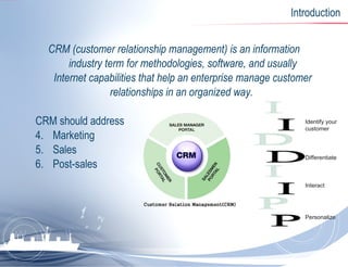 Introduction CRM (customer relationship management) is an information industry term for methodologies, software, and usually Internet capabilities that help an enterprise manage customer relationships in an organized way.   CRM should address  Marketing Sales Post-sales I D I P Identify your customer Differentiate Interact Personalize 