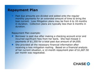 Repayment Plan Past due amounts are divided and added onto the regular monthly payments for an extended amount of time to bring the loan current.  Loss Mitigation plans may be from 6 to 18 months in duration.  Collection plans are typically less than 6 months in duration. Repayment Plan example: Borrower is past due after making a checking account error and incurred significant fees from her bank.  She had missed 3 payments of $1,350 for a total past due amount of $4,050.  She provided all the necessary financial information after receiving a loss mitigation mailing.  Based on a financial analysis of her current situation, a 12-month repayment plan of $1,687.50 per month was negotiated. 
