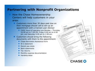 Partnering with Nonprofit Organizations How the Chase Homeownership Centers will help customers in your area: Customers more than 30 days past due on their mortgage should call to set-up an appointment with a trained Loan Advisor CHOC hours of operation are Monday – Thursday 10:00 am to 7:00 PM, Friday 9:00 am to 6:00 pm, and Saturday 9:00 am to 1:00 pm. Customers should bring the following documents with them to the appointment: Chase Borrowers Assistance Form W-2 statement Recent pay stubs Bank statements Tax returns Monthly expense documentation Hardship letter 