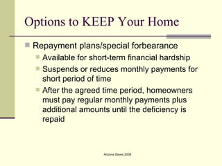 Options to KEEP Your Home Repayment plans/special forbearance Available for short-term financial hardship Suspends or reduces monthly payments for short period of time After the agreed time period, homeowners must pay regular monthly payments plus additional amounts until the deficiency is repaid 