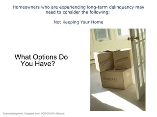 Homeowners who are experiencing long-term delinquency may need to consider the following:  Not Keeping Your Home What Options Do You Have? Acknowledgment: Adapted from HOPENOW Alliance 