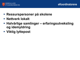 eKoordinatorene Ressurspersoner på skolene Nettverk lokalt Halvårlige samlinger – erfaringsutveksling og idemyldring Viktig lyttepost 
