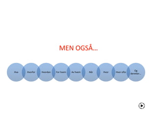 MEN OGSÅ…

                                                                           Og
Hva   Hvorfor   Hvordan   For hvem   Av hvem   Når   Hvor   Hvor ofte
                                                                        deretter…
 