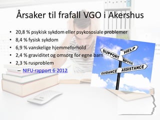 Årsaker	
  til	
  frafall	
  VGO	
  i	
  Akershus
• 20,8	
  %	
  psykisk	
  sykdom	
  eller	
  psykososiale	
  problemer
•...