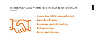 o Samme krav til informasjonssikkerhet
o Databehandleravtale
o Rapportere uønskede hendelser
o Risikovurderinger
o Behovsstyrte tilganger
Informasjonssikkerhetstiltak i verdikjede perspektivet
 