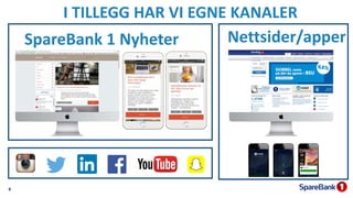 6
SpareBank 1 Nyheter Nettsider/apper
I TILLEGG HAR VI EGNE KANALER
 
