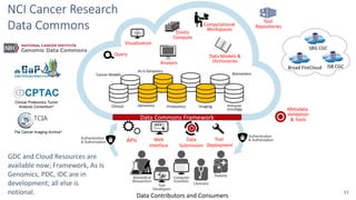 11
Data Commons Framework
Clinical Proteomics ImagingGenomics Immuno-
oncology
Cancer Models Biomarkers
NCI Cancer Research
Data Commons
SBG CGC
Broad FireCloud ISB CGC
Elastic
Compute
Query
Visualization
Clinical Proteomics Tumor
Analysis Consortium*
Tool
Deployment
The Cancer Imaging Archive*
TCIA
Web
Interface
APIs Data
Submission
Authentication
& AuthorizationAuthentication
& Authorization
Data Models &
Dictionaries
Computational
Workspaces
Data Contributors and Consumers
Tool
Repositories
Metadata
Validation
& Tools
Analysis
As Is Genomics
GDC and Cloud Resources are
available now; Framework, As Is
Genomics, PDC, IDC are in
development; all else is
notional.
 