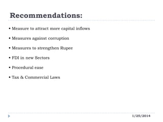 Recommendations:
 Measure to attract more capital inflows

 Measures against corruption
 Measures to strengthen Rupee
 FDI in new Sectors

 Procedural ease
 Tax & Commercial Laws

1/25/2014

 